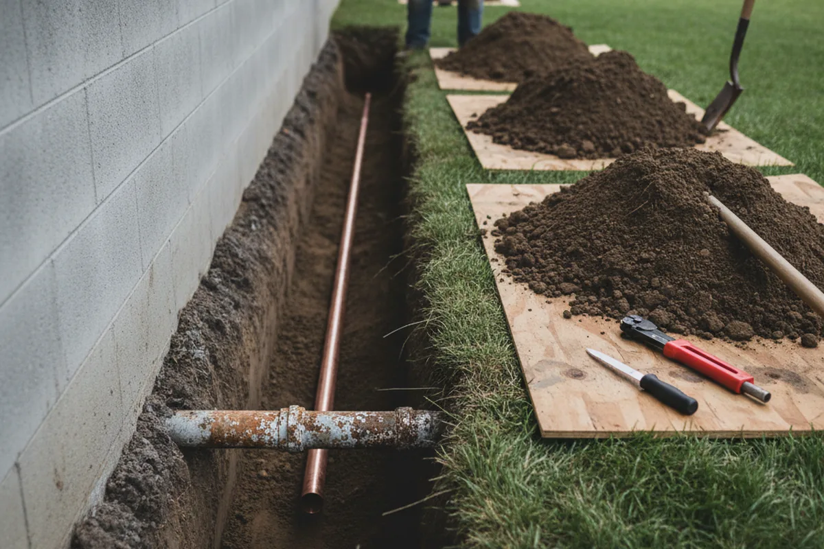 Excavated water line trench during Sewer Line Repair in Henrico